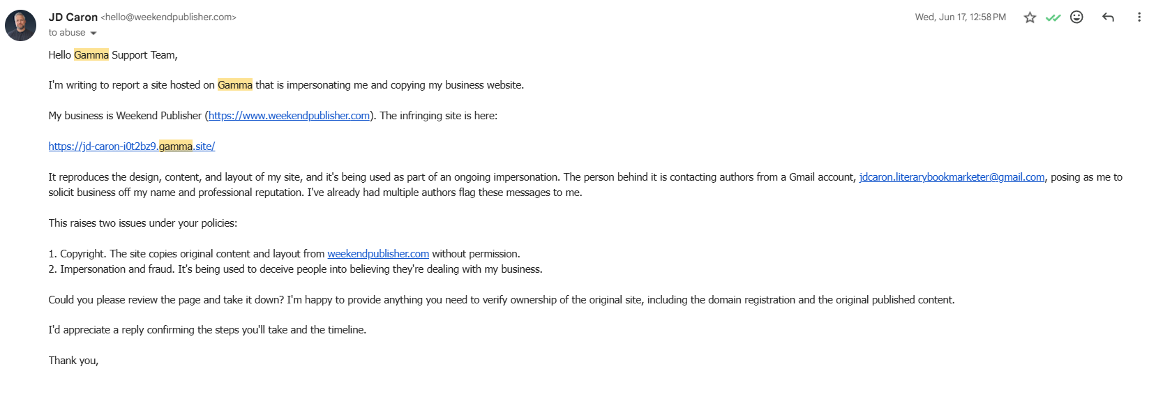 The abuse report email sent to Gamma, citing copyright and impersonation.